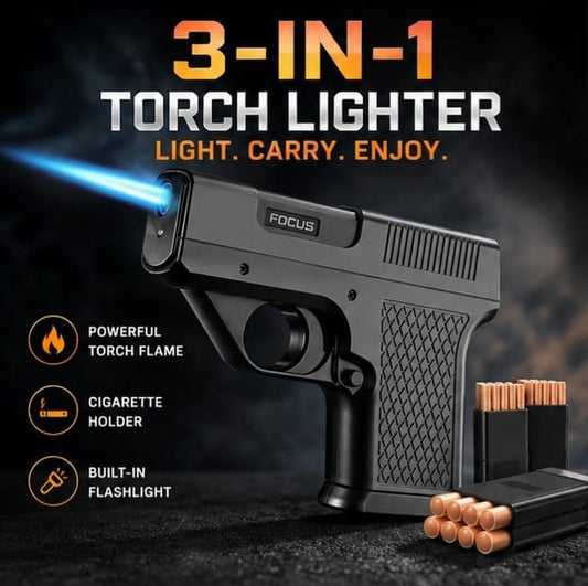 Premium 3-in-1 Torch Lighter with Cigarette Holder & LED Flashlight | Powerful Windproof Flame | BUY 1 GET 1 FREE