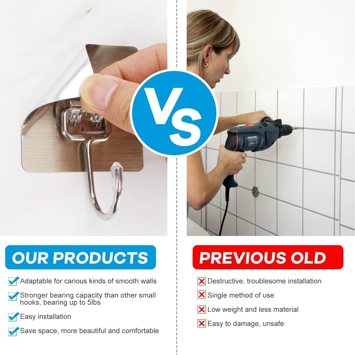 Heavy-Duty Adhesive Wall Hooks – No Drilling, No Damage | Pack of 10